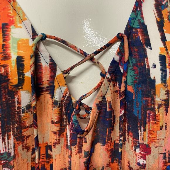 ANA A New Approach Top Blouse Orange Multicolor M Tie Front - Picture 3 of 13